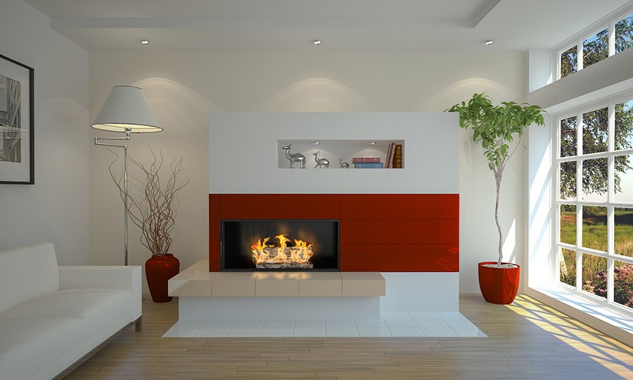 nowoczesny kominek czerwony